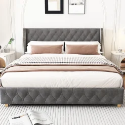 Okwish Lit Double 140x190 cm - Lit Rembourré avec Tête de Lit à Boutons et Sommier à Lattes - Velours - Sans Matelas - Gris* Lit Double