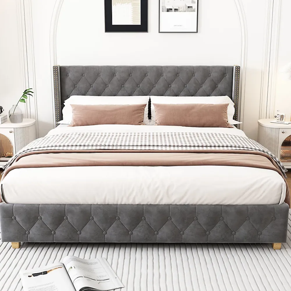 Okwish Lit Double 140x190 cm - Lit Rembourré avec Tête de Lit à Boutons et Sommier à Lattes - Velours - Sans Matelas - Gris* Lit Double