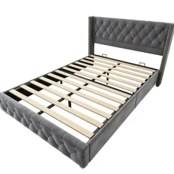 Okwish Lit Double 140x190 cm - Lit Rembourré avec Tête de Lit à Boutons et Sommier à Lattes - Velours - Sans Matelas - Gris* Lit Double