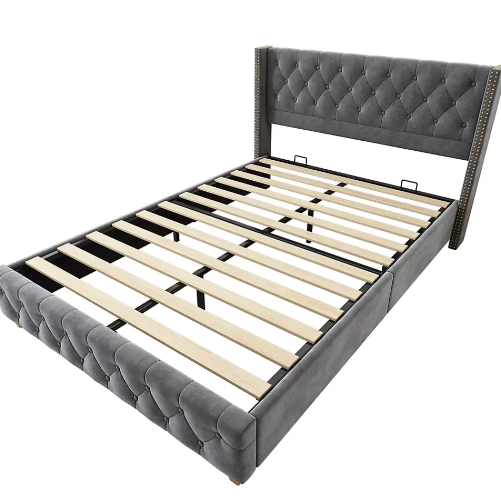 Okwish Lit Double 140x190 cm - Lit Rembourré avec Tête de Lit à Boutons et Sommier à Lattes - Velours - Sans Matelas - Gris* Lit Double