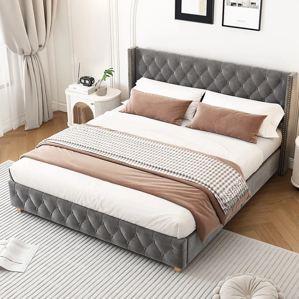 Okwish Lit Double 140x190 cm - Lit Rembourré avec Tête de Lit à Boutons et Sommier à Lattes - Velours - Sans Matelas - Gris* Lit Double