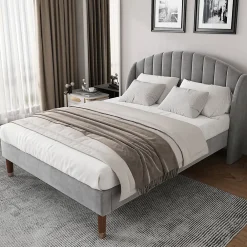 Okwish Lit Double 140x200 cm - Lit Rembourré ado - Velours - Sans Matelas - Gris* Lit Double
