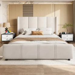 Generique Lit Double 140x200 cm - Lit Rembourré Adulte avec Tête Haute et Port USB, Velours, Sans Matelas, Beige* Lit Double
