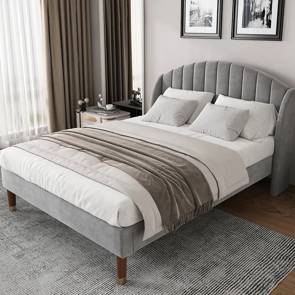 Generique Lit Double 160x200 cm - Lit Rembourré ado - Velours - Sans Matelas - Gris* Lit Double