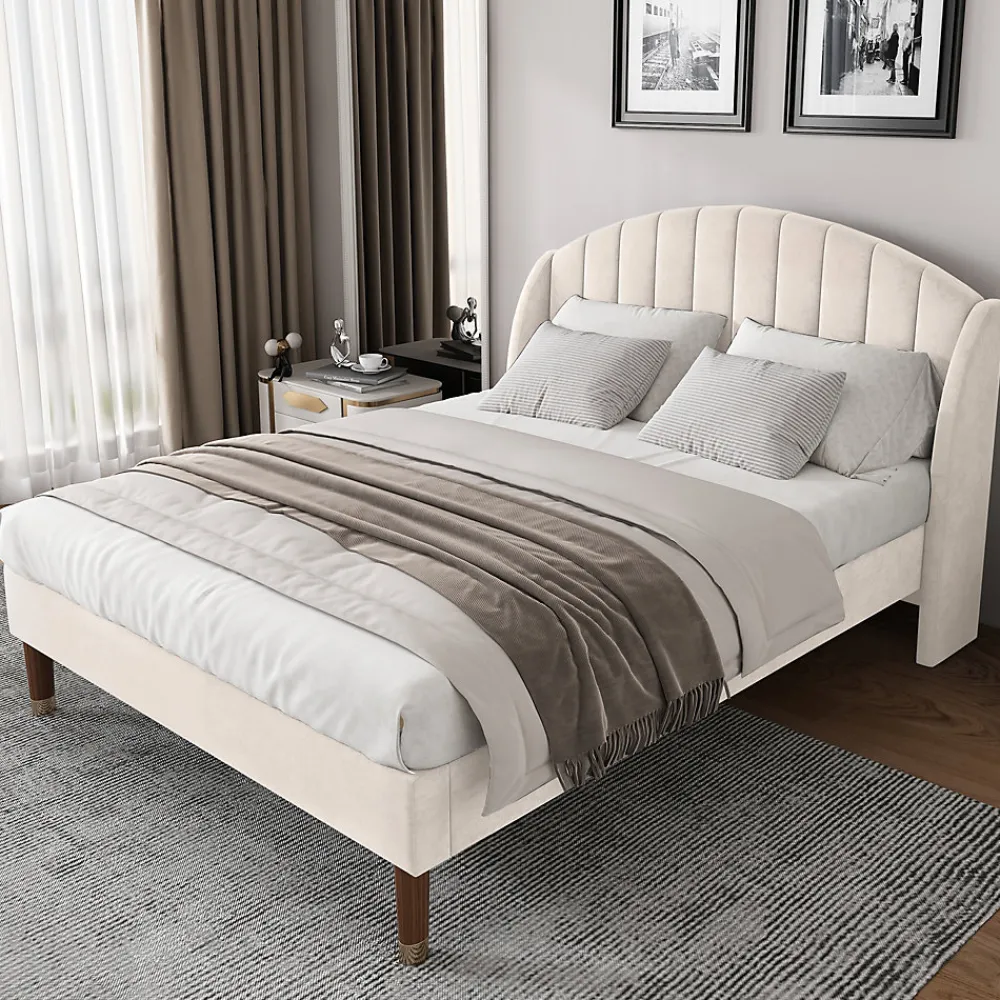 Generique Lit Double 160x200 cm - Lit Rembourré ado - Velours - Sans Matelas - Beige* Lit Double