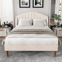 Generique Lit Double 160x200 cm - Lit Rembourré ado - Velours - Sans Matelas - Beige* Lit Double