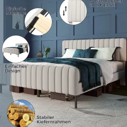 Okwish Lit double 160x200 cm - Lit rembourré avec tête de lit capitonnée - Lin - avec Matelas - Beige* Ensemble Sommier Et Matelas
