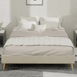 Lit Double 140x200 cm - Moderne en Velours Hollandais Bas, sans Tête de Lit/Vérin - Cadre de Lit Composite - Sans Matelas - Beige><noscript><img width=