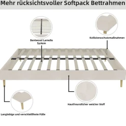 Lit Double 140x200 cm - Moderne en Velours Hollandais Bas, sans Tête de Lit/Vérin - Cadre de Lit Composite - Sans Matelas - Beige><noscript><img width=