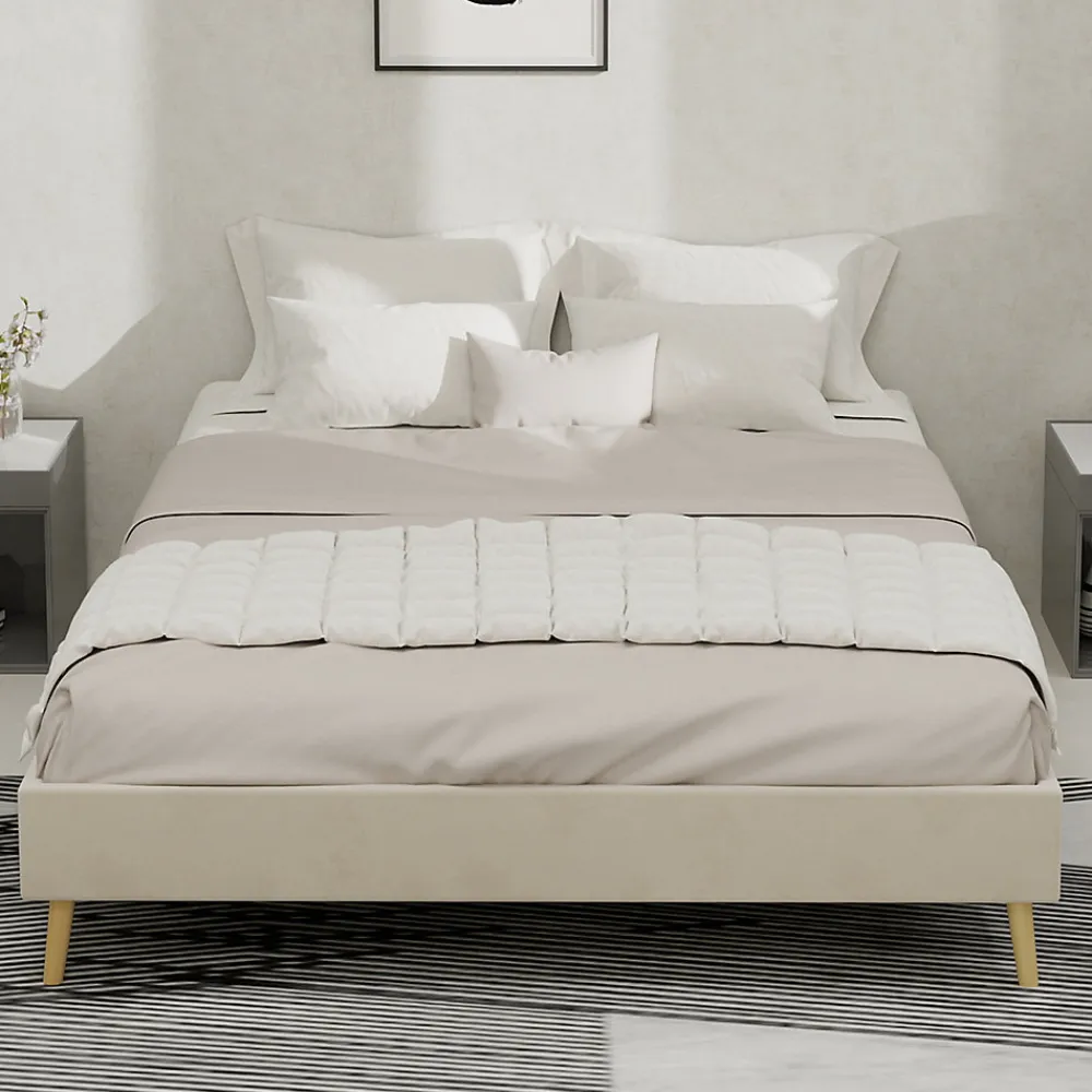 Lit Double 140x200 cm - pour Adulte/Ado Moderne à Base Basse, Sans Tête de Lit, Sans Matelas, en Velours Hollandais Beige>Okwish New
