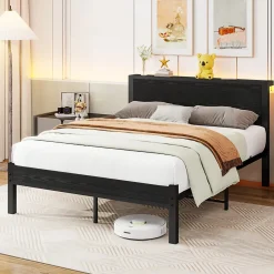 Okwish Lit Double 140x200 cm - Style Minimaliste avec Structure Métal MDF - sans Matelas - Noir* Lit Double