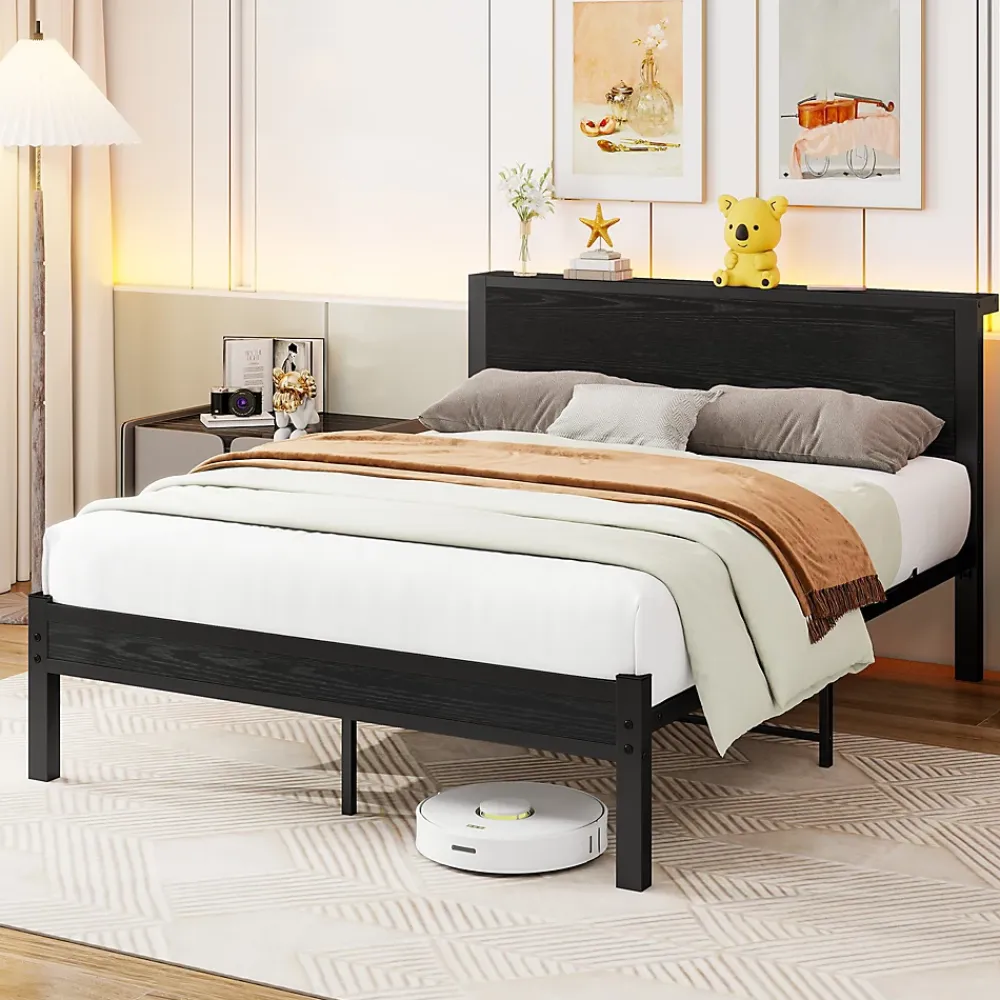 Okwish Lit Double 140x200 cm - Style Minimaliste avec Structure Métal MDF - sans Matelas - Noir* Lit Double