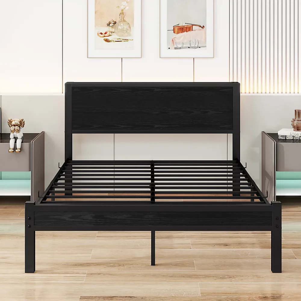 Okwish Lit Double 140x200 cm - Style Minimaliste avec Structure Métal MDF - sans Matelas - Noir* Lit Double