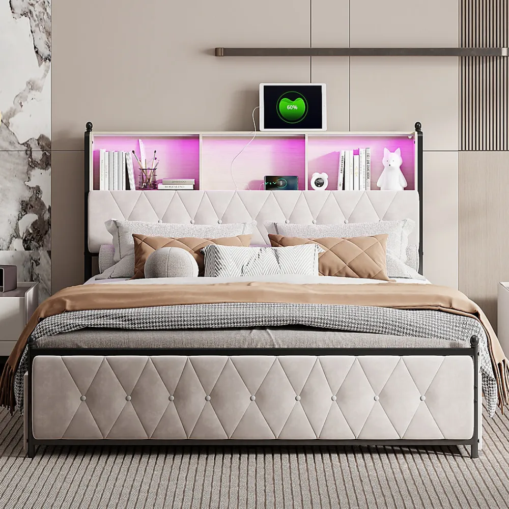 Lit Double 160x200 Cm, 4 Tiroirs, Ports USB/type-c, Éclairage LED, Sommier à Lattes, Velours Beige.>Simple Life Online