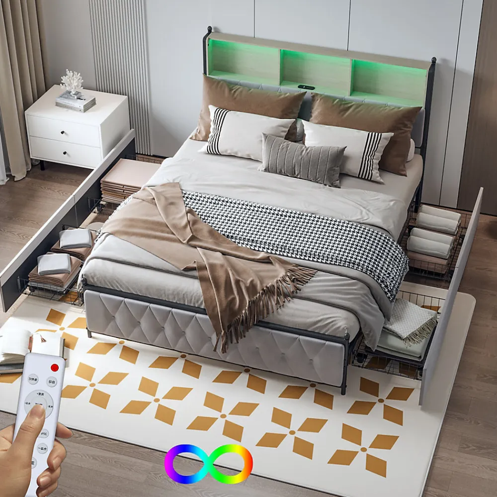 Lit Double 160x200 Cm, 4 Tiroirs, Ports USB/type-c, Éclairage LED, Sommier à Lattes, Velours Beige.>Simple Life Online