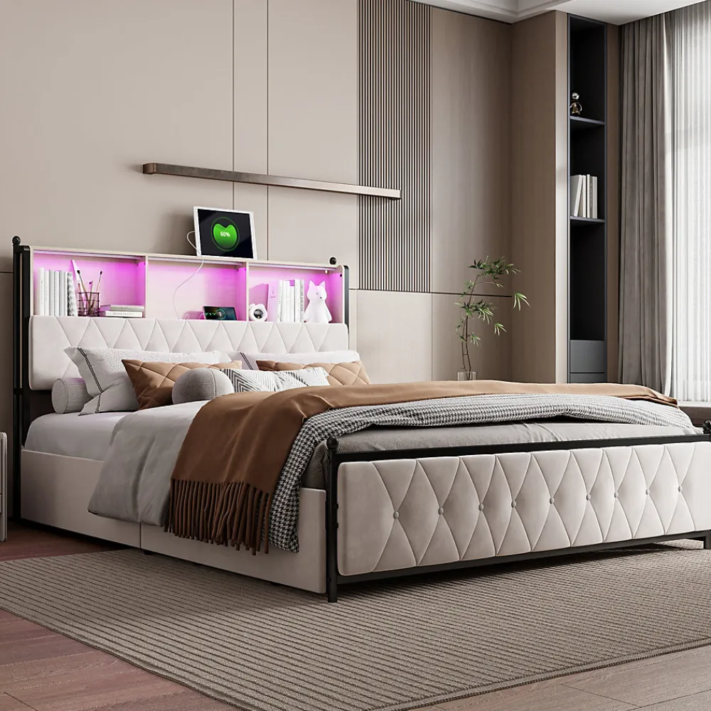 Lit Double 160x200 Cm, 4 Tiroirs, Ports USB/type-c, Éclairage LED, Sommier à Lattes, Velours Beige.>Simple Life Online
