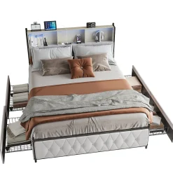 Lit Double 160x200 Cm, 4 Tiroirs, Ports USB/type-c, Éclairage LED, Sommier à Lattes, Velours Beige.><noscript><img width=