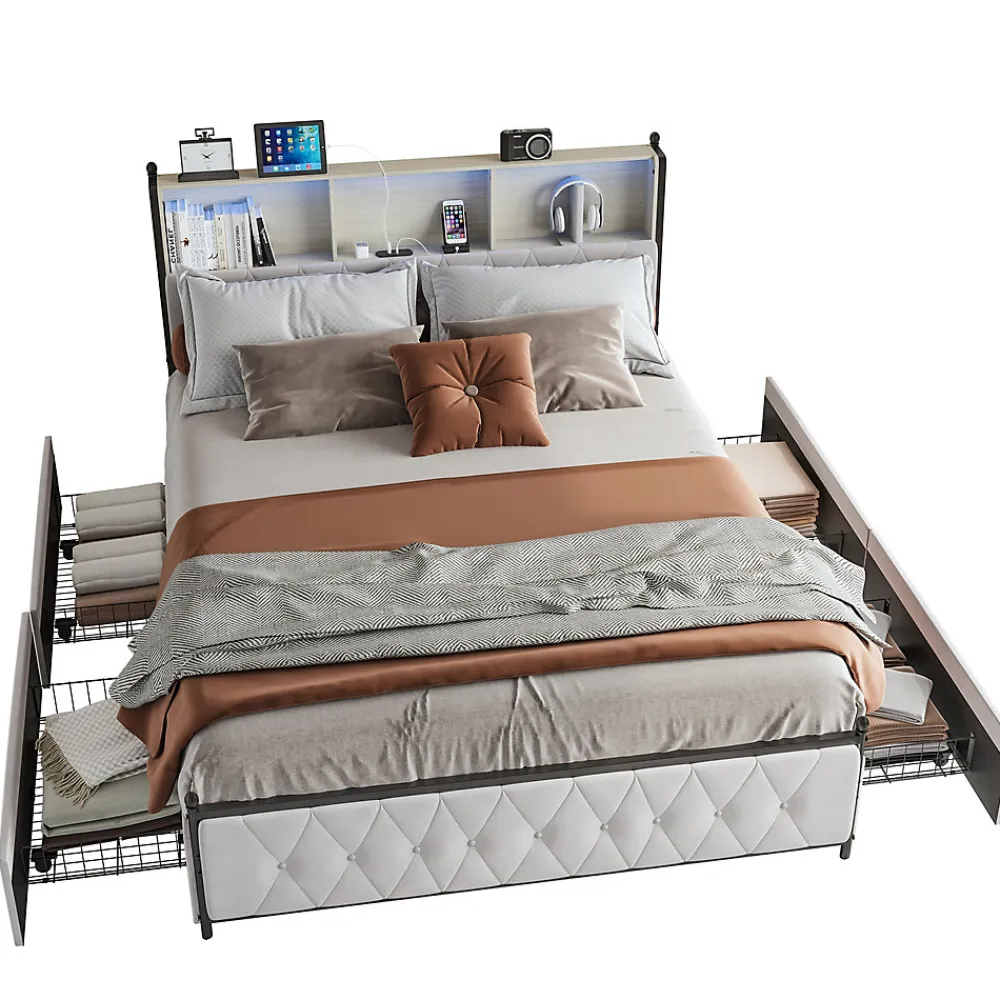 Lit Double 160x200 Cm, 4 Tiroirs, Ports USB/type-c, Éclairage LED, Sommier à Lattes, Velours Beige.>Simple Life Online