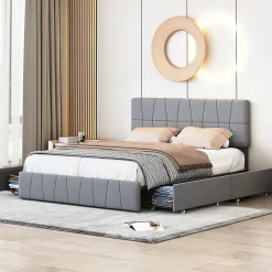 Lit double 160x200 cm, 4 tiroirs en fer, sommier à lattes, structure en métal, tissu velours, gris>Simple Life Sale