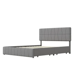 Lit double 160x200 cm, 4 tiroirs en fer, sommier à lattes, structure en métal, tissu velours, gris><noscript><img width=