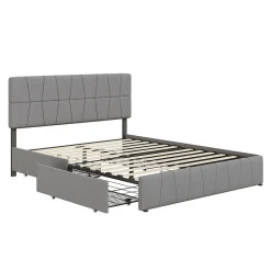 Lit double 160x200 cm, 4 tiroirs en fer, sommier à lattes, structure en métal, tissu velours, gris><noscript><img width=