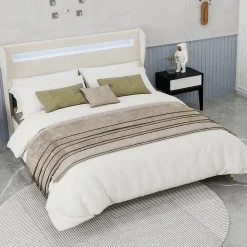 Lit Double 160x200 cm - Tête de Lit LED Intégrée et Base Basse Anti-Poussière, Lit Adulte/Ado, Velours, Beige, Sans Matelas><noscript><img width=