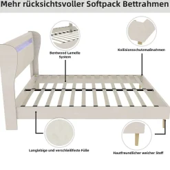 Lit Double 160x200 cm - Tête de Lit LED Intégrée et Base Basse Anti-Poussière, Lit Adulte/Ado, Velours, Beige, Sans Matelas><noscript><img width=