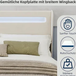 Lit Double 160x200 cm - Tête de Lit LED Intégrée et Base Basse Anti-Poussière, Lit Adulte/Ado, Velours, Beige, Sans Matelas><noscript><img width=