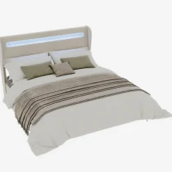 Lit Double 160x200 cm - Tête de Lit LED Intégrée et Base Basse Anti-Poussière, Lit Adulte/Ado, Velours, Beige, Sans Matelas><noscript><img width=