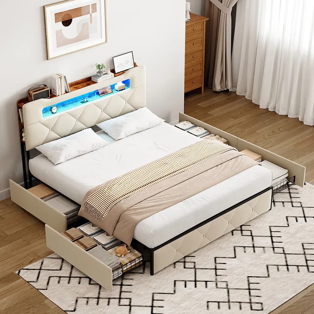 Fortuna lai Lit double, 140x190 cm, avec 4 tiroirs, lumière LED et port USB, tête de lit en velours, beige* Lit Coffre