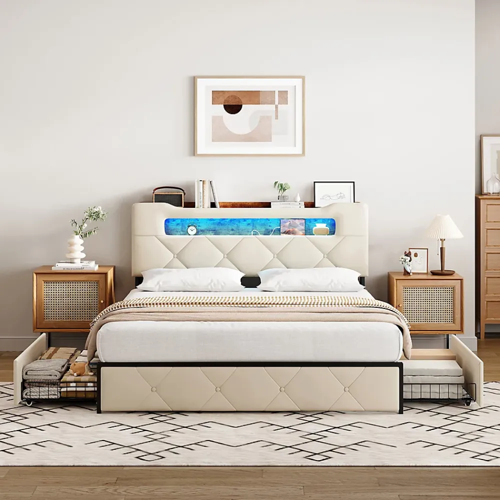 Fortuna lai Lit double, 140x190 cm, avec 4 tiroirs, lumière LED et port USB, tête de lit en velours, beige* Lit Coffre