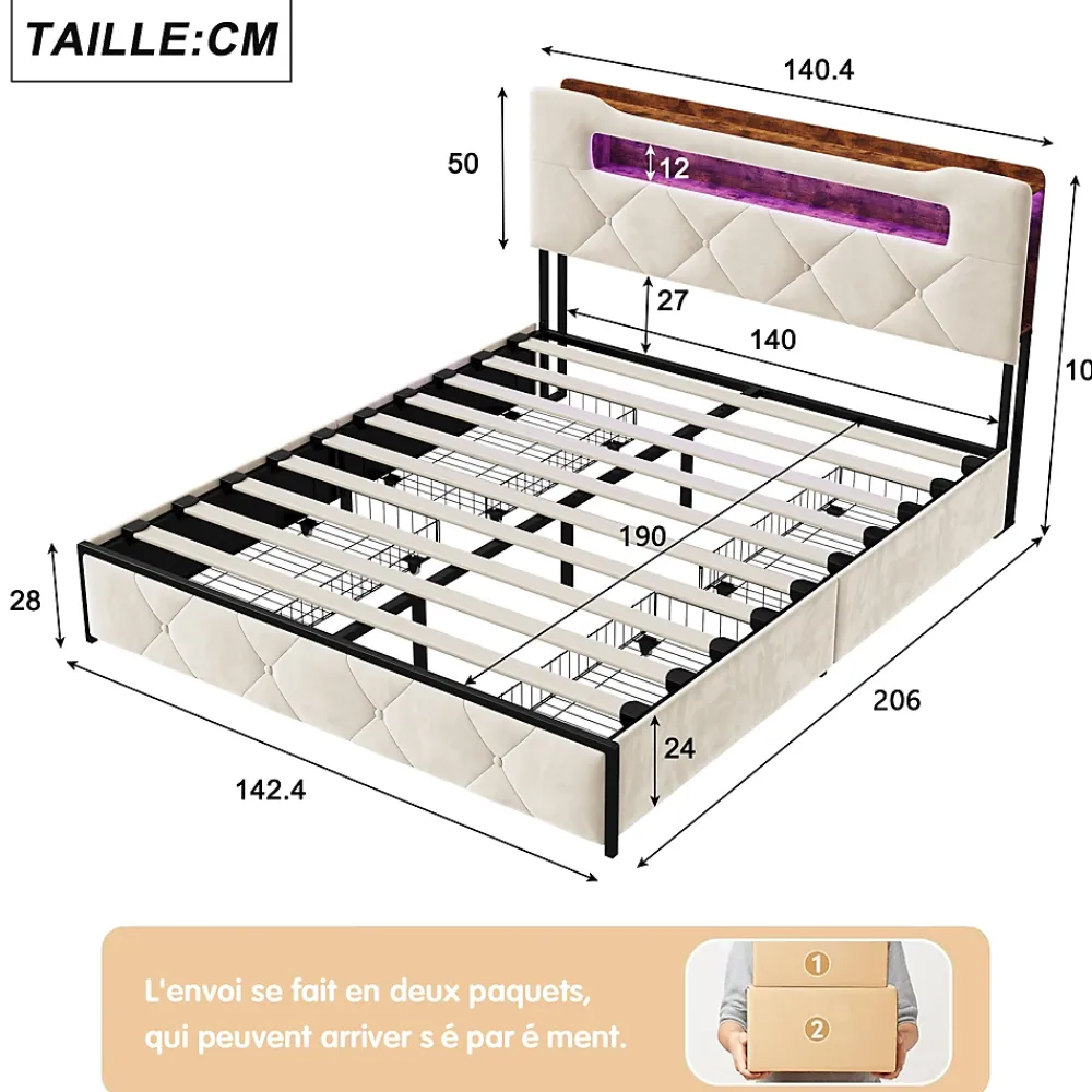 Fortuna lai Lit double, 140x190 cm, avec 4 tiroirs, lumière LED et port USB, tête de lit en velours, beige* Lit Coffre
