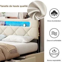 Fortuna lai Lit double, 140x190 cm, avec 4 tiroirs, lumière LED et port USB, tête de lit en velours, beige* Lit Coffre