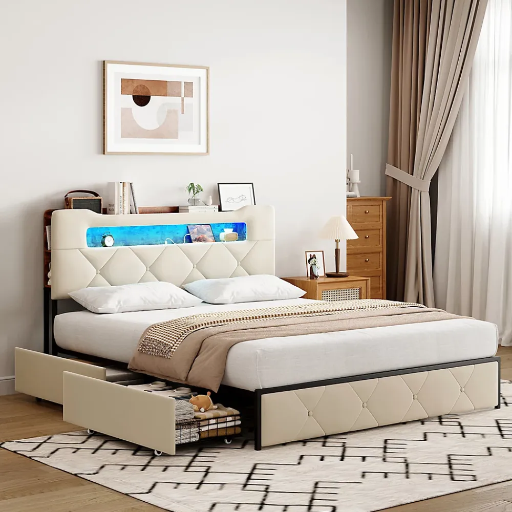 Fortuna lai Lit double, 140x190 cm, avec 4 tiroirs, lumière LED et port USB, tête de lit en velours, beige* Lit Coffre
