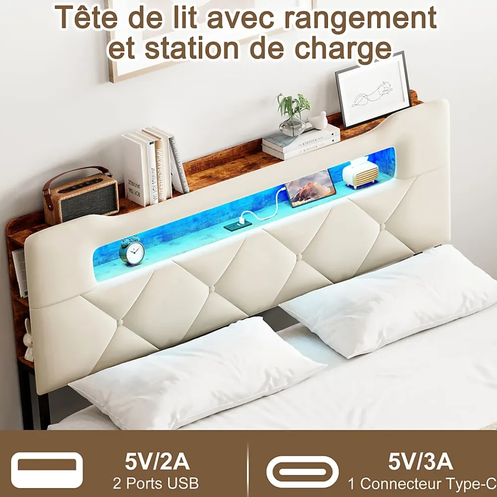 Fortuna lai Lit double, 140x190 cm, avec 4 tiroirs, lumière LED et port USB, tête de lit en velours, beige* Lit Coffre