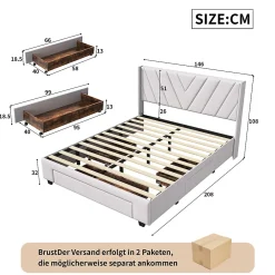 Generique Lit double 140x200 cm avec 3 tiroirs, sommier à lattes, lit queen size, linge, lit capitonné pour adulte - Beige* Lit Coffre