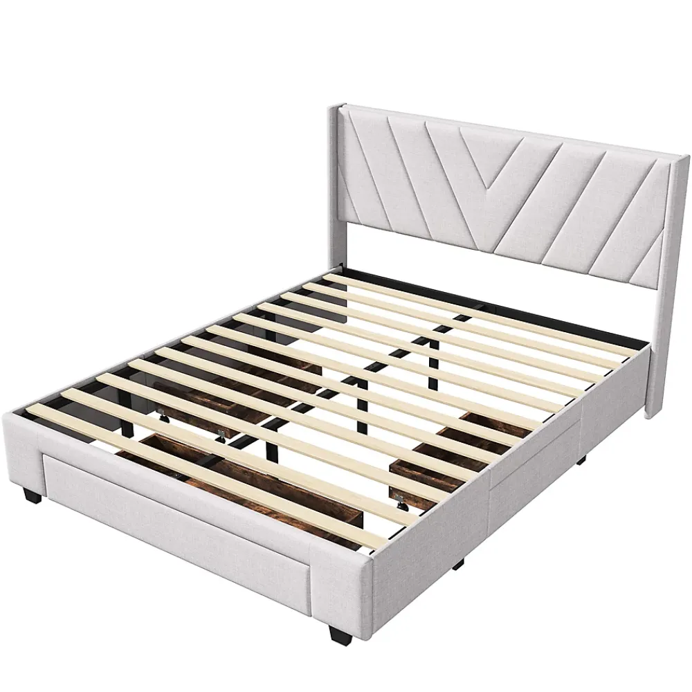 Generique Lit double 140x200 cm avec 3 tiroirs, sommier à lattes, lit queen size, linge, lit capitonné pour adulte - Beige* Lit Coffre