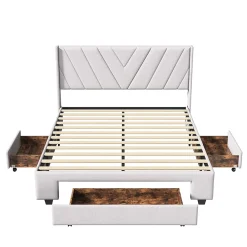 Generique Lit double 140x200 cm avec 3 tiroirs, sommier à lattes, lit queen size, linge, lit capitonné pour adulte - Beige* Lit Coffre