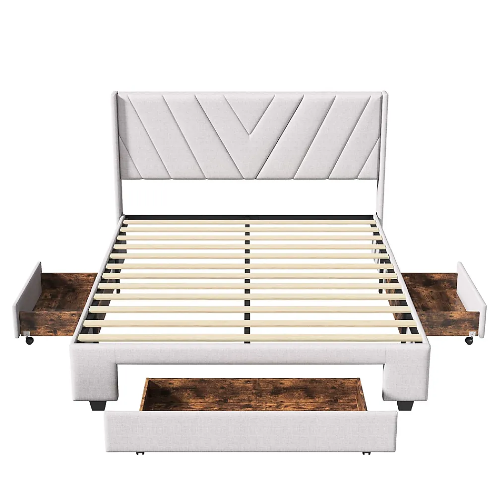Generique Lit double 140x200 cm avec 3 tiroirs, sommier à lattes, lit queen size, linge, lit capitonné pour adulte - Beige* Lit Coffre
