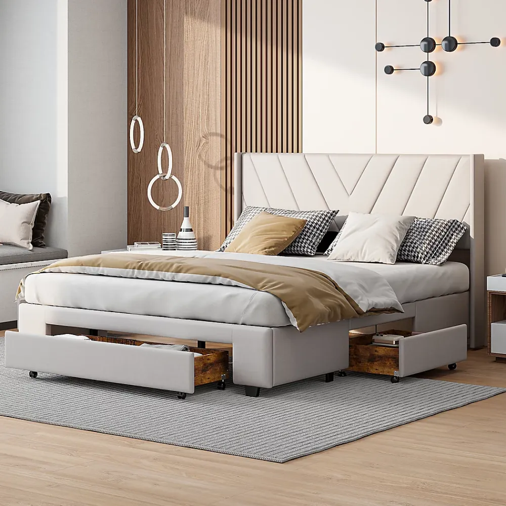 Generique Lit double 140x200 cm avec 3 tiroirs, sommier à lattes, lit queen size, linge, lit capitonné pour adulte - Beige* Lit Coffre