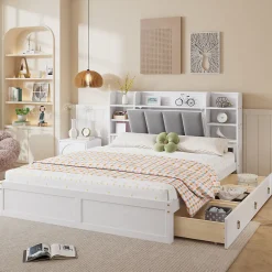 Lit Double 160x200 cm avec 3 Tiroirs Sur Roulettes, Rangement Sous Sommier, Tête de Lit avec Étagères - Pin Massif, Blanc Velours>Okwish