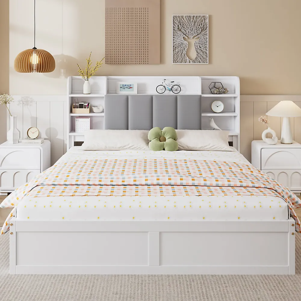 Lit Double 160x200 cm avec 3 Tiroirs Sur Roulettes, Rangement Sous Sommier, Tête de Lit avec Étagères - Pin Massif, Blanc Velours>Okwish