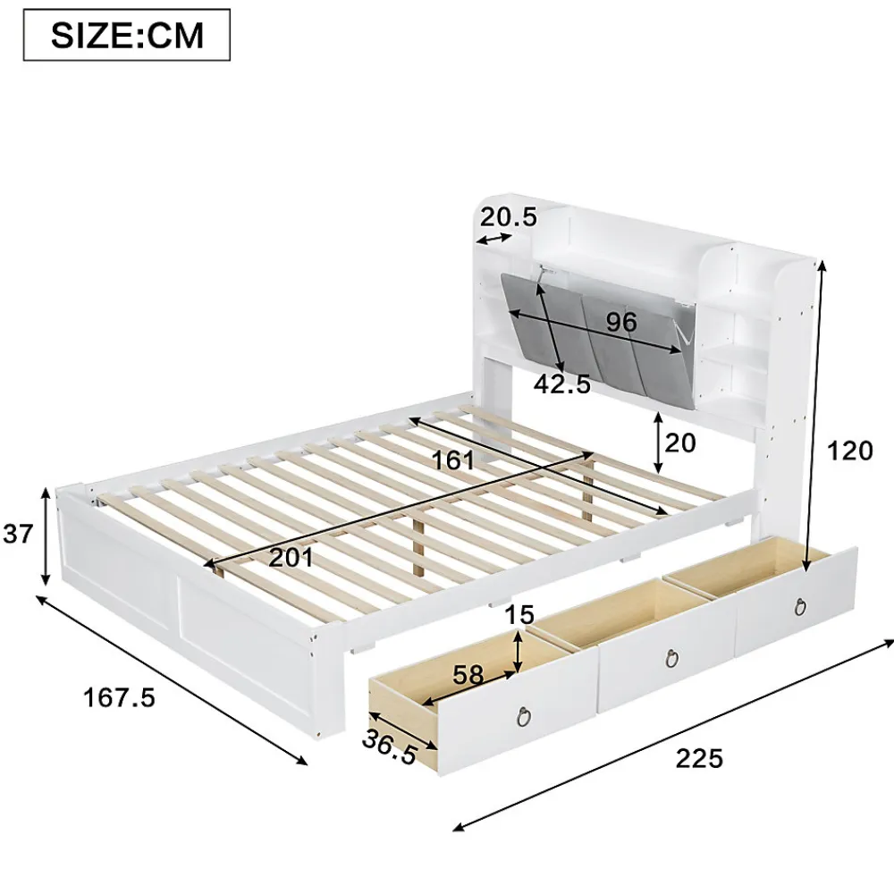 Lit Double 160x200 cm avec 3 Tiroirs Sur Roulettes, Rangement Sous Sommier, Tête de Lit avec Étagères - Pin Massif, Blanc Velours>Okwish