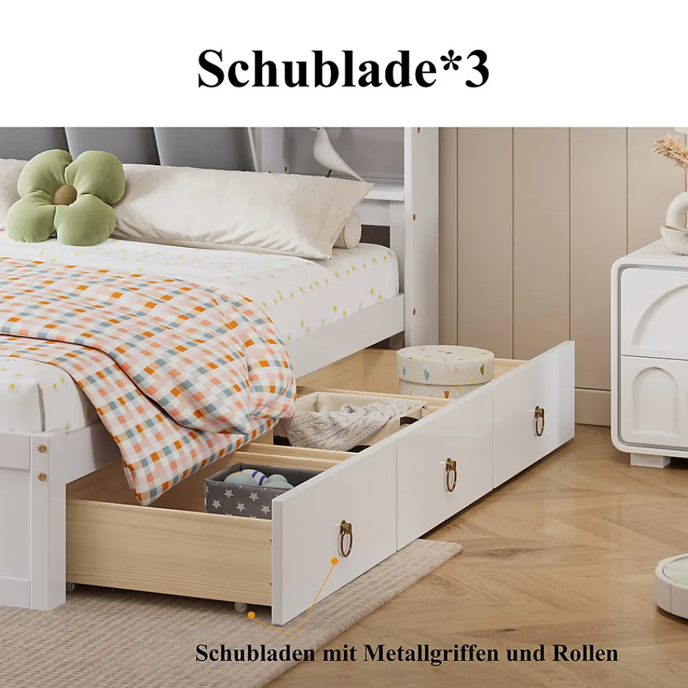 Lit Double 160x200 cm avec 3 Tiroirs Sur Roulettes, Rangement Sous Sommier, Tête de Lit avec Étagères - Pin Massif, Blanc Velours>Okwish