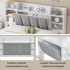 Lit Double 160x200 cm avec 3 Tiroirs Sur Roulettes, Rangement Sous Sommier, Tête de Lit avec Étagères - Pin Massif, Blanc Velours><noscript><img width=