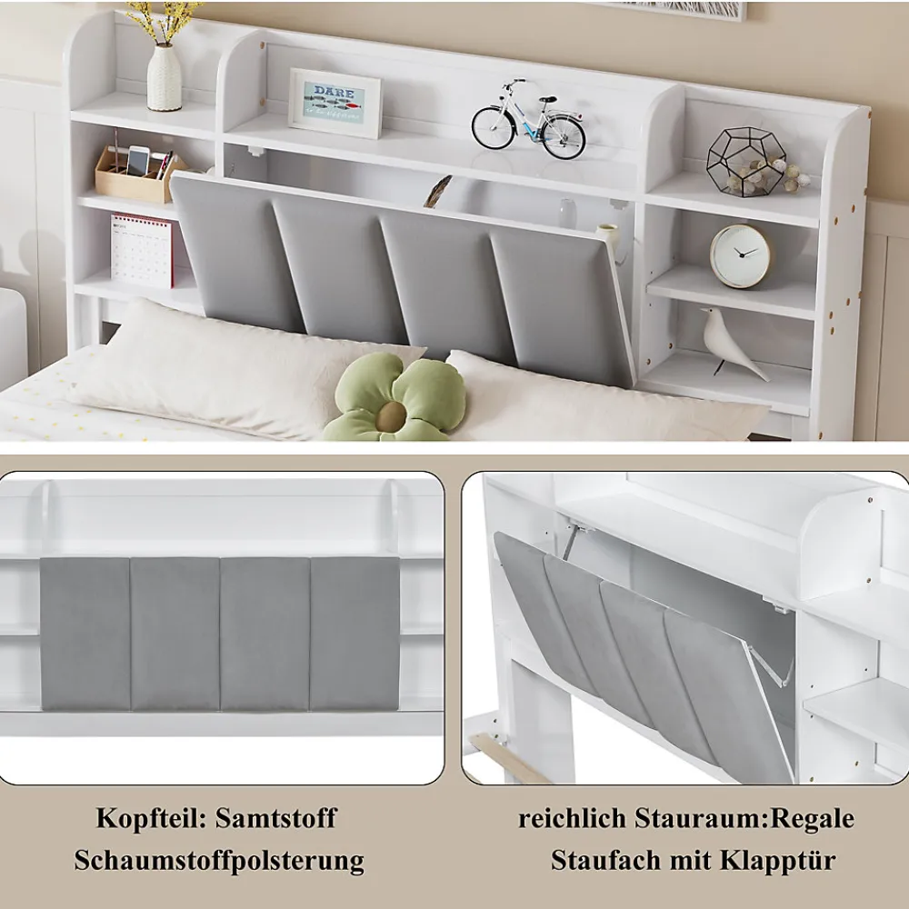 Lit Double 160x200 cm avec 3 Tiroirs Sur Roulettes, Rangement Sous Sommier, Tête de Lit avec Étagères - Pin Massif, Blanc Velours>Okwish