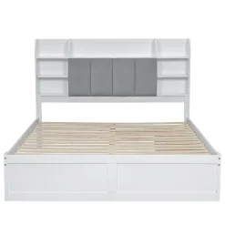 Lit Double 160x200 cm avec 3 Tiroirs Sur Roulettes, Rangement Sous Sommier, Tête de Lit avec Étagères - Pin Massif, Blanc Velours><noscript><img width=