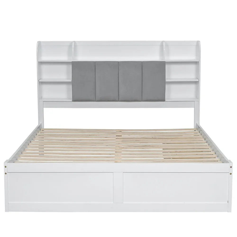 Lit Double 160x200 cm avec 3 Tiroirs Sur Roulettes, Rangement Sous Sommier, Tête de Lit avec Étagères - Pin Massif, Blanc Velours>Okwish