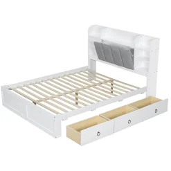 Lit Double 160x200 cm avec 3 Tiroirs Sur Roulettes, Rangement Sous Sommier, Tête de Lit avec Étagères - Pin Massif, Blanc Velours><noscript><img width=