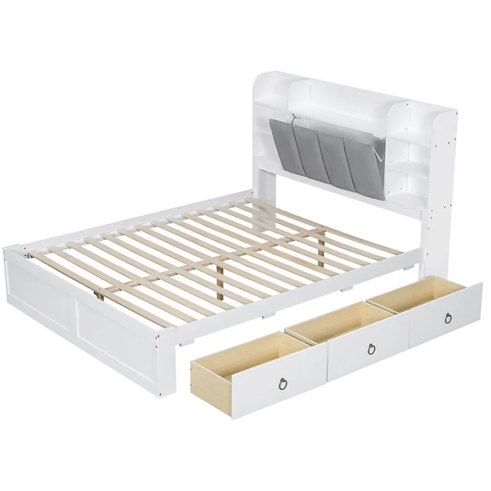 Lit Double 160x200 cm avec 3 Tiroirs Sur Roulettes, Rangement Sous Sommier, Tête de Lit avec Étagères - Pin Massif, Blanc Velours>Okwish
